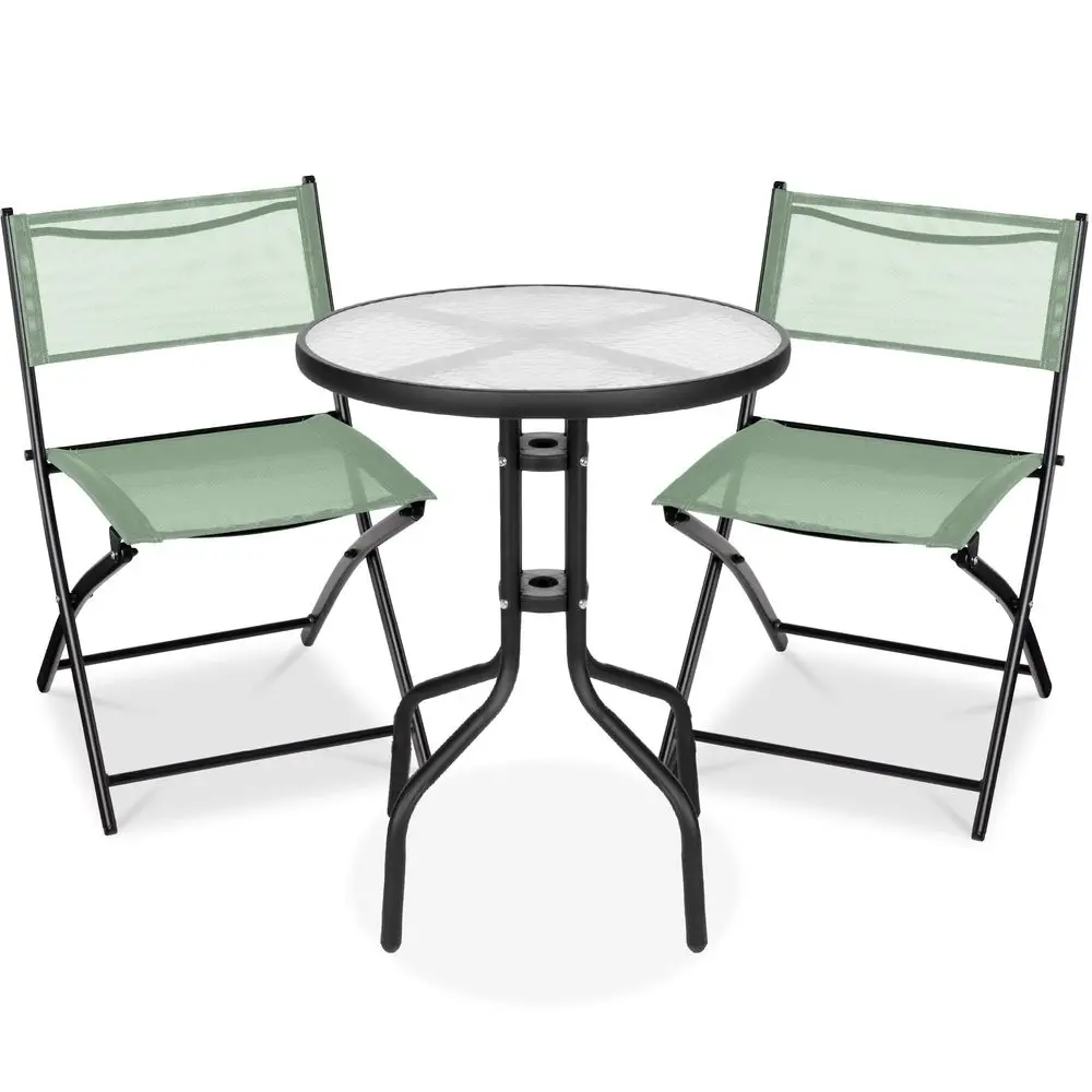 3Piece Patio Bistro Dining Furniture Set w Textured Glass Tabletop, 2 Steel Folding Chairs, Polyester Fabric Sage
3Piece Patio Bistro Dining Furniture Set w Textured Glass Tabletop, 2 Steel Folding Chairs, Polyester Fabric Sage