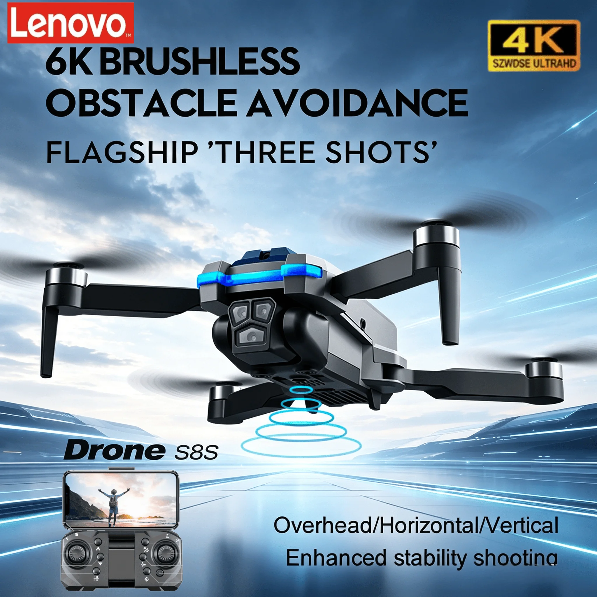 Lenovo Brushless Motor S8S Drone Triple Cameras , Obstacle Avoidance, Electric Adjustable Lens, Optical Flow Positioning
Lenovo Brushless Motor S8S Drone Triple Cameras , Obstacle Avoidance, Electric Adjustable Lens, Optical Flow Positioning