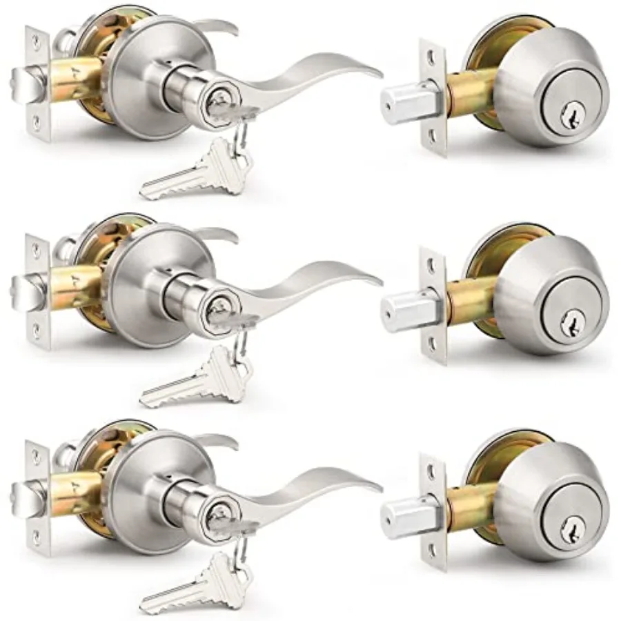 Entrance Door Lever Deadbolt Sets 3 Set Satin Nickel Exterior Entry Lever and Single Cylinder Deadbolt, Keyed Alike Combo, Keye
Entrance Door Lever Deadbolt Sets 3 Set Satin Nickel Exterior Entry Lever and Single Cylinder Deadbolt, Keyed Alike Combo, Keye