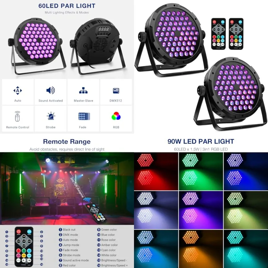 60LED RGB Stage Par Lights - 90W Dimmable Sound Activated Multi Modes - Remote and DMX Control - Corded Electric - Uplights for
60LED RGB Stage Par Lights - 90W Dimmable Sound Activated Multi Modes - Remote and DMX Control - Corded Electric - Uplights for