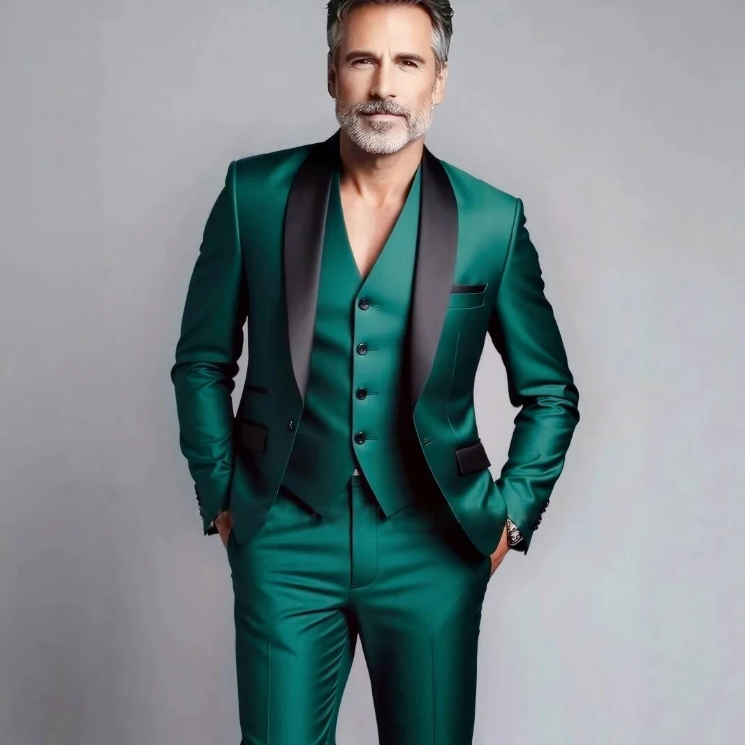 Классические атласные мужские костюмы, комплект из 3 предметов, однобортный пиджак, жилет, брюки, приталенный зеленый смокинг для жениха, шаль с лацканами, вечерние мужская одежда 
Классические атласные мужские костюмы, комплект из 3 предметов, однобортный пиджак, жилет, брюки, приталенный зеленый смокинг для жениха, шаль с лацканами, вечерние мужская одежда