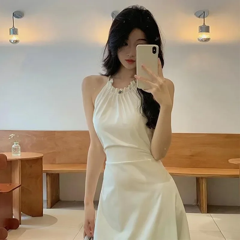Summer New Holiday Style Dress Hollowed Hanging Neck Suspender Dress Sense Of Design Lace Up Waist Long Korean Fairy Dresses Y2k
Summer New Holiday Style Dress Hollowed Hanging Neck Suspender Dress Sense Of Design Lace Up Waist Long Korean Fairy Dresses Y2k