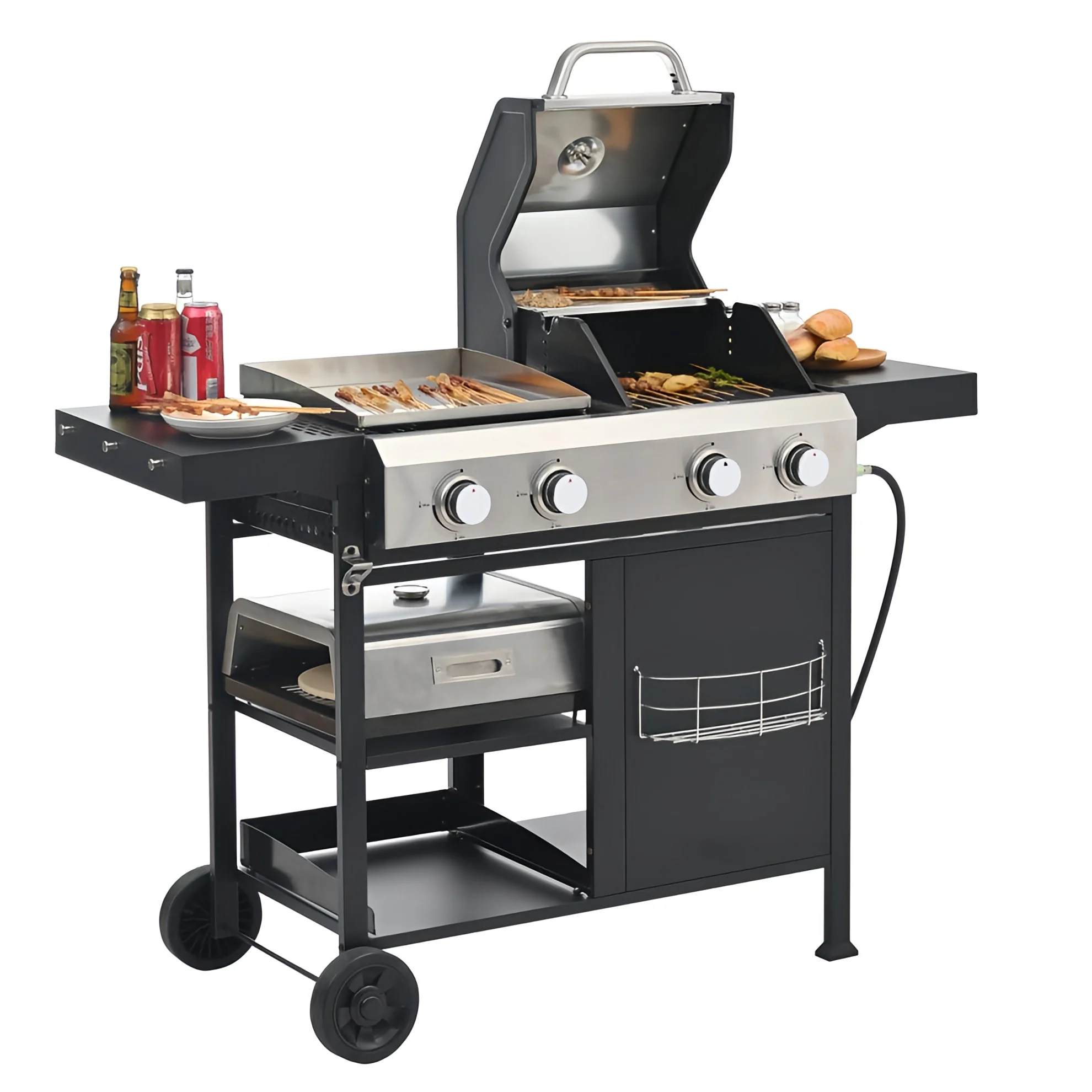 2+2 Burner Propane Gas Grill with Pizza Oven, 4-in-1 Outdoor BBQ Combo with Griddle, Stainless Steel Patio Cooker with Side Shel
2+2 Burner Propane Gas Grill with Pizza Oven, 4-in-1 Outdoor BBQ Combo with Griddle, Stainless Steel Patio Cooker with Side Shel