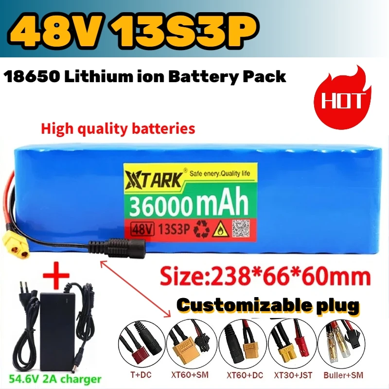 Customizable plug 18650 13S3P 48V 30Ah Li-ion Battery Pack 750w 1000w E-bike Electric bicycle Scooter with BMS And 54.6v Charger
Customizable plug 18650 13S3P 48V 30Ah Li-ion Battery Pack 750w 1000w E-bike Electric bicycle Scooter with BMS And 54.6v Charger