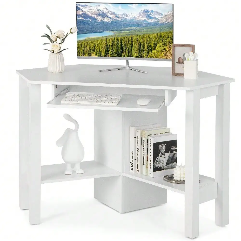 Wooden Corner Desk W/ Drawer Computer PC Table Study Office Room White 
Wooden Corner Desk W/ Drawer Computer PC Table Study Office Room White