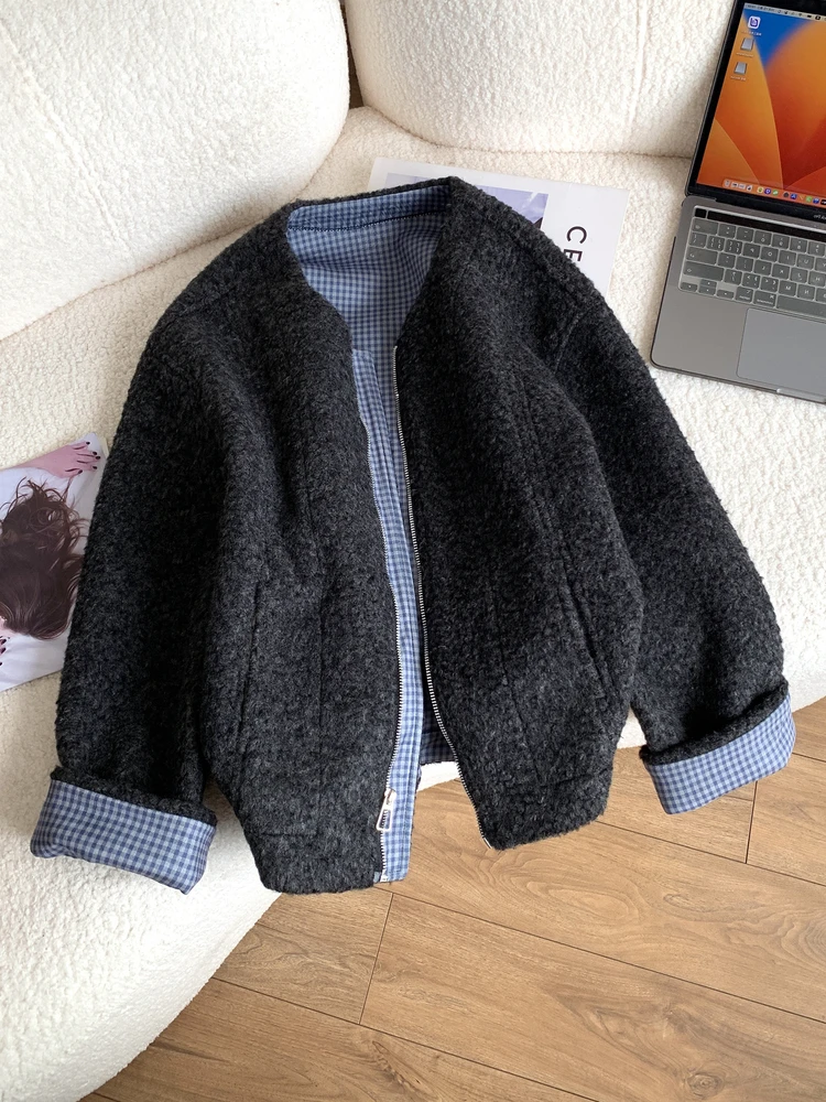 Casual Plaid Splicing Woolen Coat round Ne Jaet for Women Spring Autumn Warm Functional Loose Fit ort Outerwear
Casual Plaid Splicing Woolen Coat round Ne Jaet for Women Spring Autumn Warm Functional Loose Fit ort Outerwear