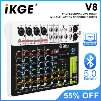 IKGE V4/V8 Audio Interface Mixer, DJ Controller with Bluetooth 5.0 USB Phantom Power Delay Replay Effect for PC Recording