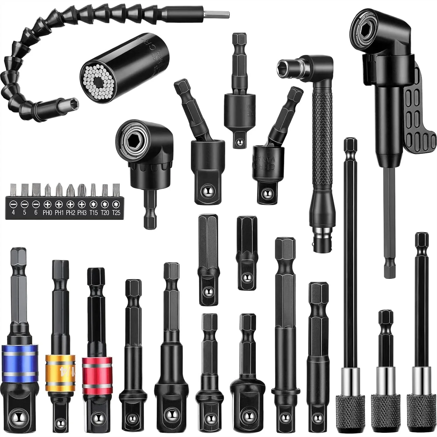 32 Piece Flexible Drill Bit Extension Set with 105° Right Angle Attachment, 1/4 3/8 1/2 Hex Adapter Socket Bendable Magnetic
32 Piece Flexible Drill Bit Extension Set with 105° Right Angle Attachment, 1/4 3/8 1/2 Hex Adapter Socket Bendable Magnetic