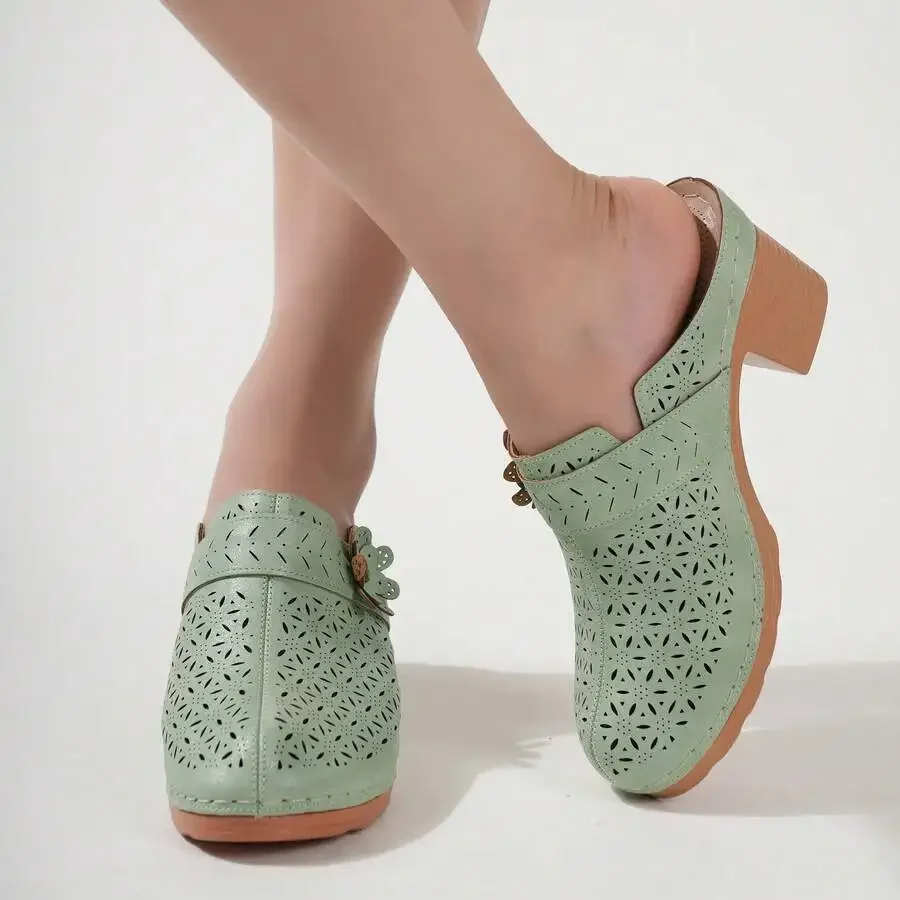 Womens Perforated Heeled Mules With Floral Decor Comfortable Summer Sandals
Womens Perforated Heeled Mules With Floral Decor Comfortable Summer Sandals