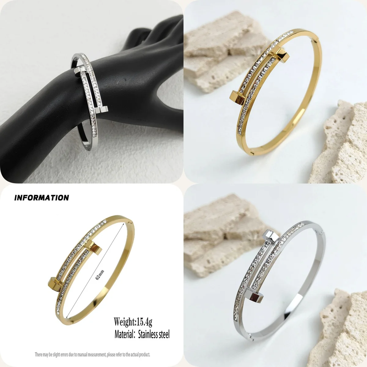 Double screw risers design women's bracelet, stainless steel with diamonds bracelet, fashionable industrial style wear.
Double screw risers design women's bracelet, stainless steel with diamonds bracelet, fashionable industrial style wear.