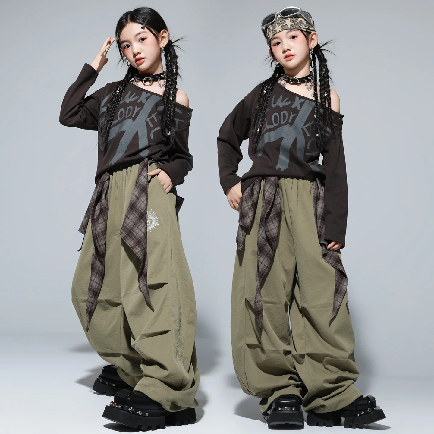 Kid Kpop Hip Hop Clothing Coffee Sloped Shoulder T Shirt Army Green Casual Parachute Pants for Girl Street Dance Costume Clothes
Kid Kpop Hip Hop Clothing Coffee Sloped Shoulder T Shirt Army Green Casual Parachute Pants for Girl Street Dance Costume Clothes