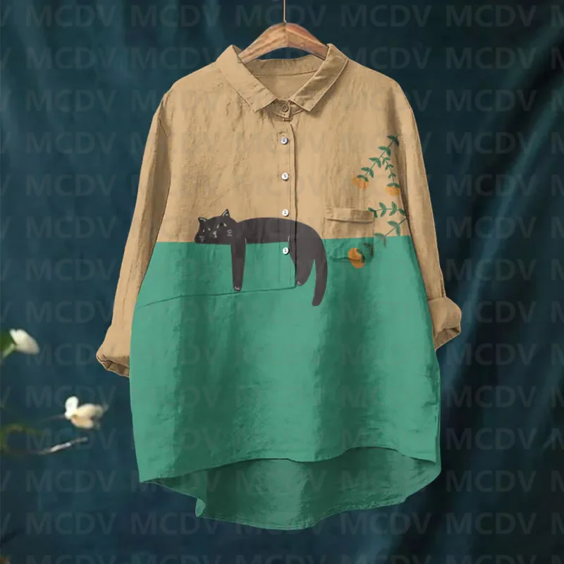New spring women's shirt, women's casual lapel shirt, floral pattern, cute black cat
New spring women's shirt, women's casual lapel shirt, floral pattern, cute black cat