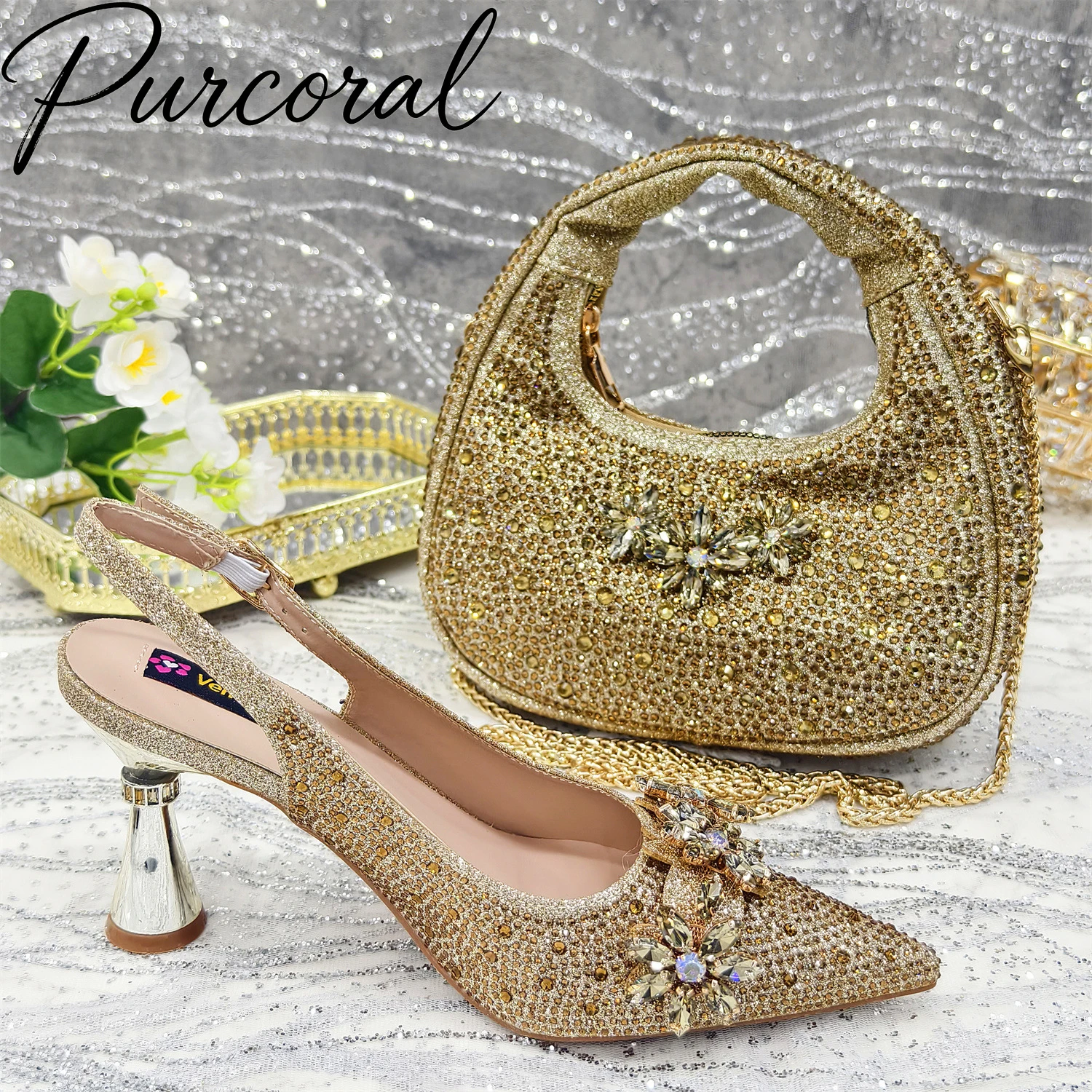 Purcoral Sparkly Gold Rhinestone Slingback Heels Matching Crystal Handbag Women Wedding Evening Party Bridal Shoe and Bag Set
Purcoral Sparkly Gold Rhinestone Slingback Heels Matching Crystal Handbag Women Wedding Evening Party Bridal Shoe and Bag Set