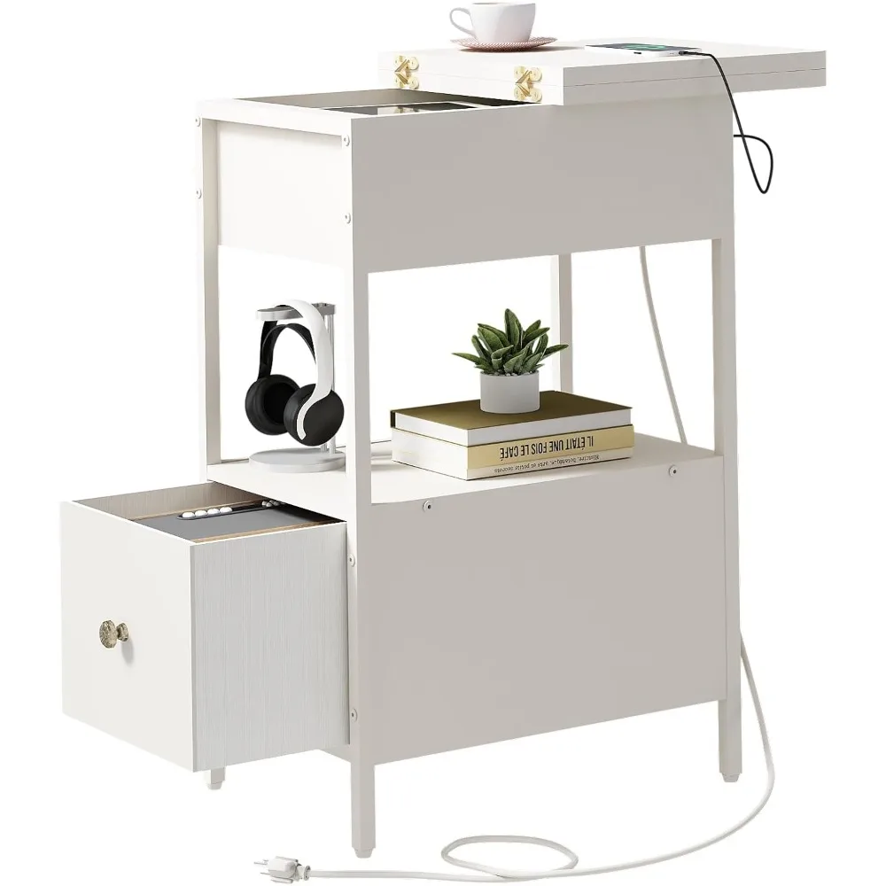 End Table with Charging Station, Narrow Side Table with Flip Top Cabinet and Fabric Drawer, Nightstand Bedside Tables for Small
End Table with Charging Station, Narrow Side Table with Flip Top Cabinet and Fabric Drawer, Nightstand Bedside Tables for Small