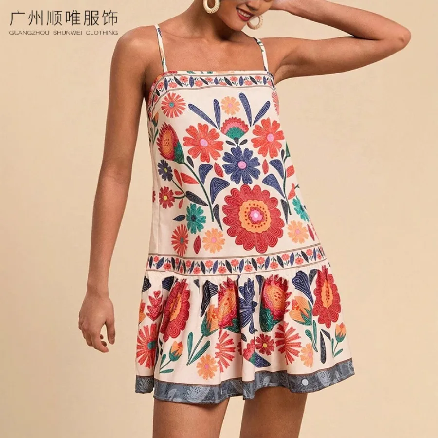 【New style】 women's print bohemian flowing suspender vacation style casual loose dress
【New style】 women's print bohemian flowing suspender vacation style casual loose dress