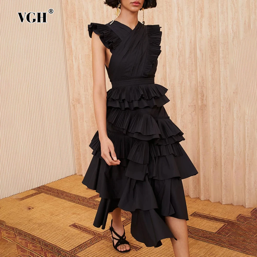 VGH Black Patchwork Tiered Temperament Dress for Women V Neck Flyiing Sleeve High Waist Slimming Asymmetrical Dresses Female New
VGH Black Patchwork Tiered Temperament Dress for Women V Neck Flyiing Sleeve High Waist Slimming Asymmetrical Dresses Female New