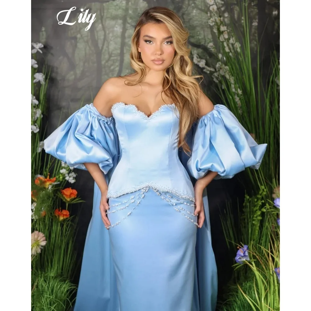Lily Blue Prom Dress Satin Mermaid Evening Dress with Removable Puff Sleeves Crystal Beaded Party Gown فساتين الحفلات Customized
Lily Blue Prom Dress Satin Mermaid Evening Dress with Removable Puff Sleeves Crystal Beaded Party Gown فساتين الحفلات Customized