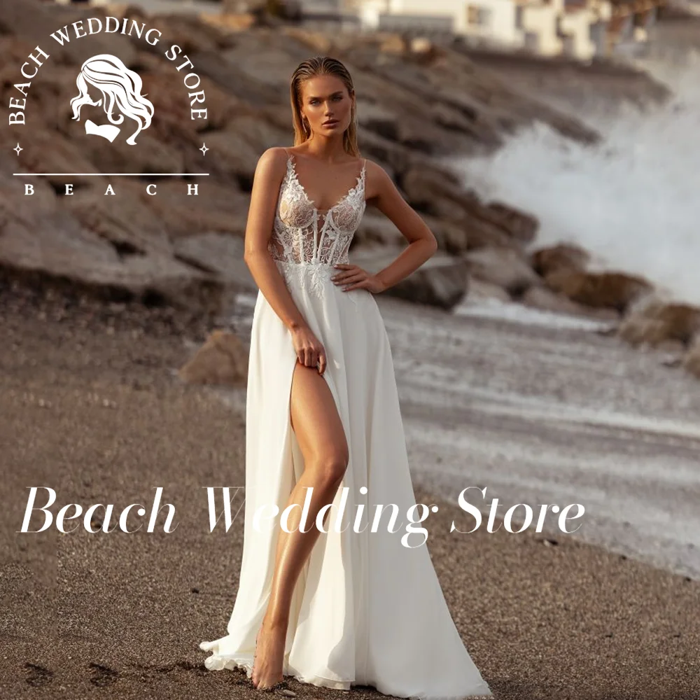 Beach Spaghetti Straps Sleeveless Sweetheart Backless Floor Length Bridal Gown with High Slit 2025 Lace Wedding Dress Customized
Beach Spaghetti Straps Sleeveless Sweetheart Backless Floor Length Bridal Gown with High Slit 2025 Lace Wedding Dress Customized