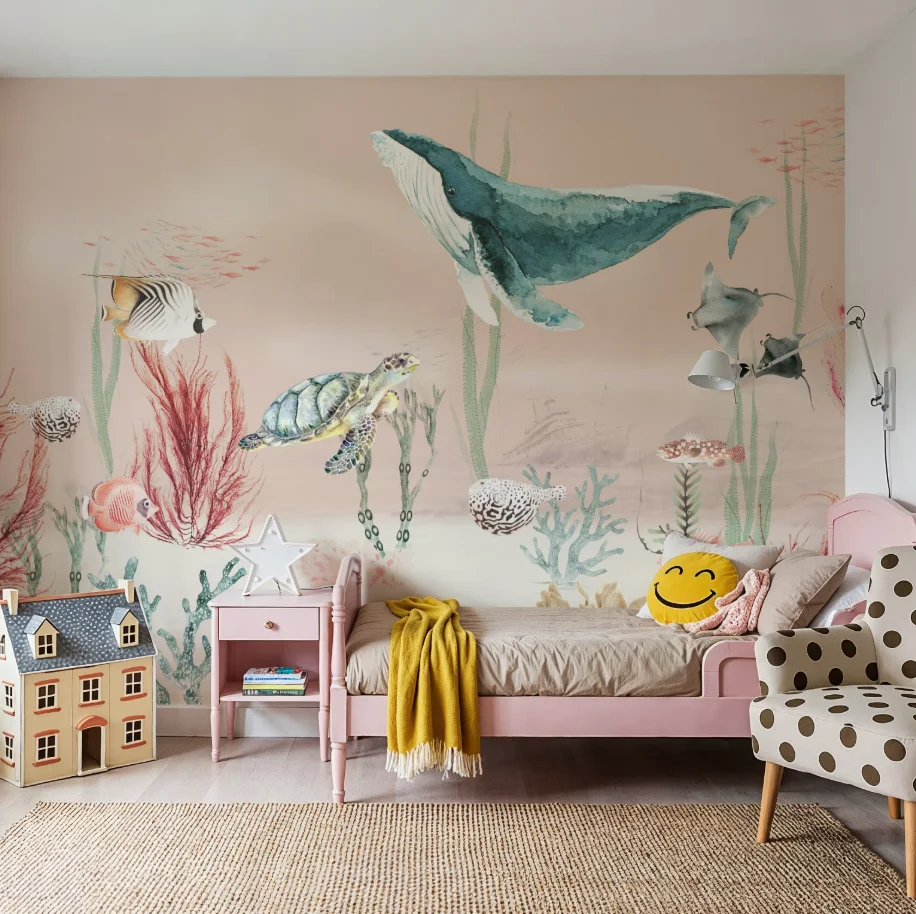 Custom sized mural, hand drawn cartoon, underwater world, blue whale, sea turtle, manta ray, coral, seaweed, and shell wallpaper
Custom sized mural, hand drawn cartoon, underwater world, blue whale, sea turtle, manta ray, coral, seaweed, and shell wallpaper