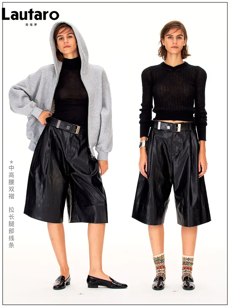 Lautaro Spring Summer Black Soft Baggy Pu Leather Knee Length Wide Leg Shorts Women High Quality Clothing Streetwear Buttoms
Lautaro Spring Summer Black Soft Baggy Pu Leather Knee Length Wide Leg Shorts Women High Quality Clothing Streetwear Buttoms