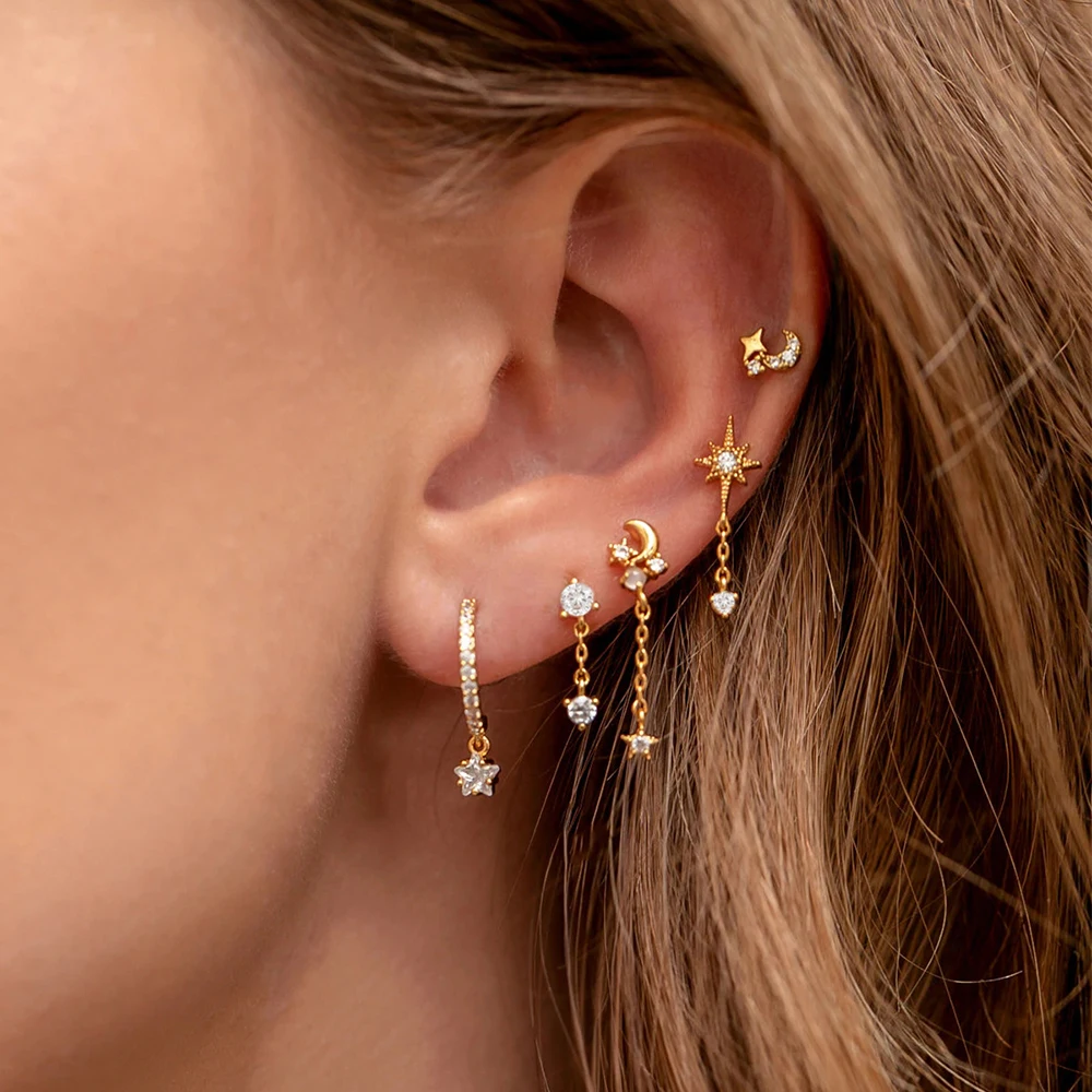 Gold Plated Star Moon Earrings Set Dainty CZ Stud Cuff Celestial Ear Piercing Jewelry for Women Party Gift
Gold Plated Star Moon Earrings Set Dainty CZ Stud Cuff Celestial Ear Piercing Jewelry for Women Party Gift