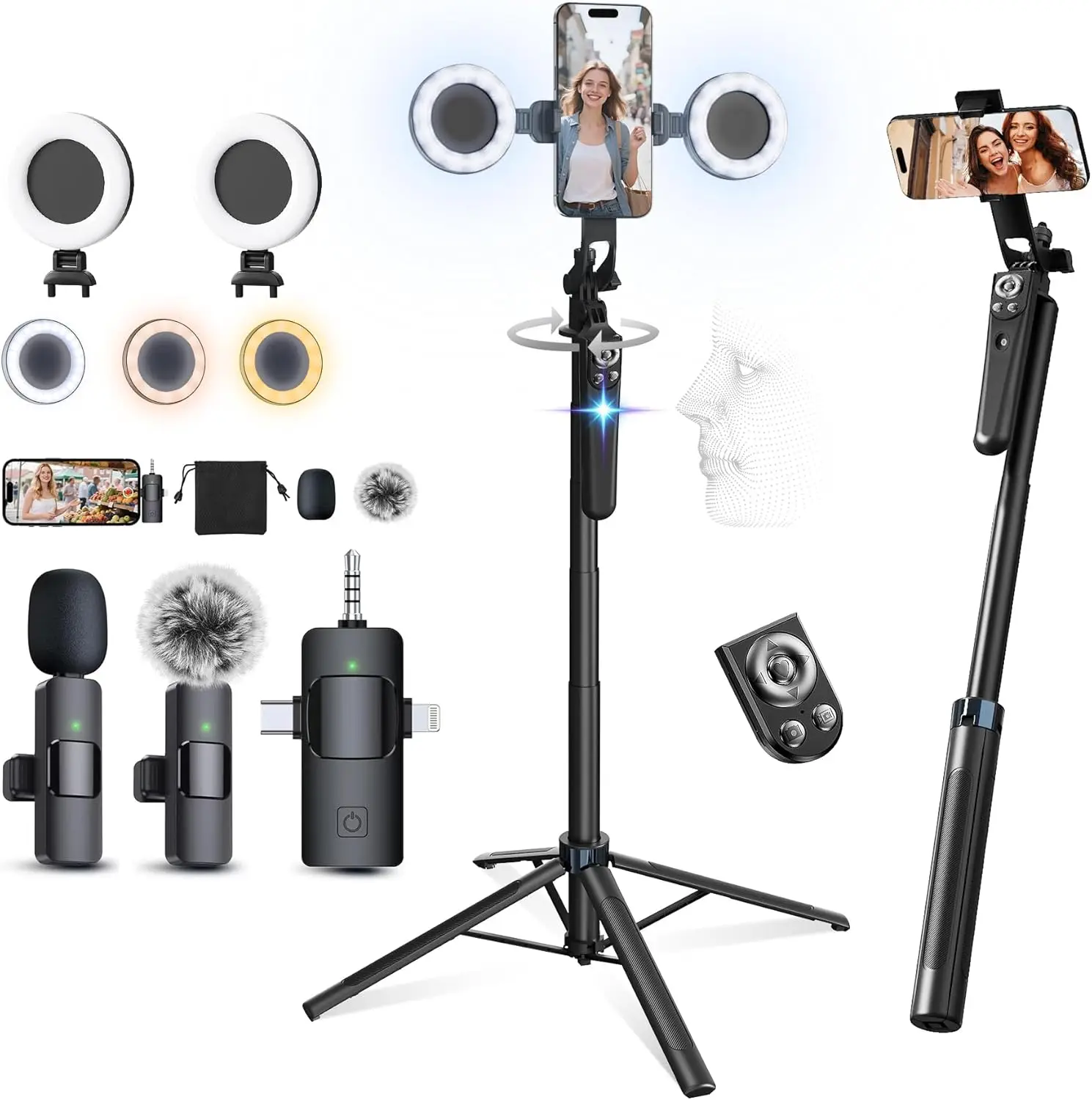 AI Face Tracking Tripod with Light & Mic Kit for iPhone/Android, Vlogging Stand with Remote for TikTok YouTube Content Creators
AI Face Tracking Tripod with Light & Mic Kit for iPhone/Android, Vlogging Stand with Remote for TikTok YouTube Content Creators