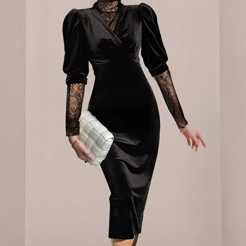 Chic Autumn Velvet Office Ladies Bodycon Dress High Quality Women V Neck Puff Sleeve Black Pencil Midi Dress With Lace Shirt Top
Chic Autumn Velvet Office Ladies Bodycon Dress High Quality Women V Neck Puff Sleeve Black Pencil Midi Dress With Lace Shirt Top