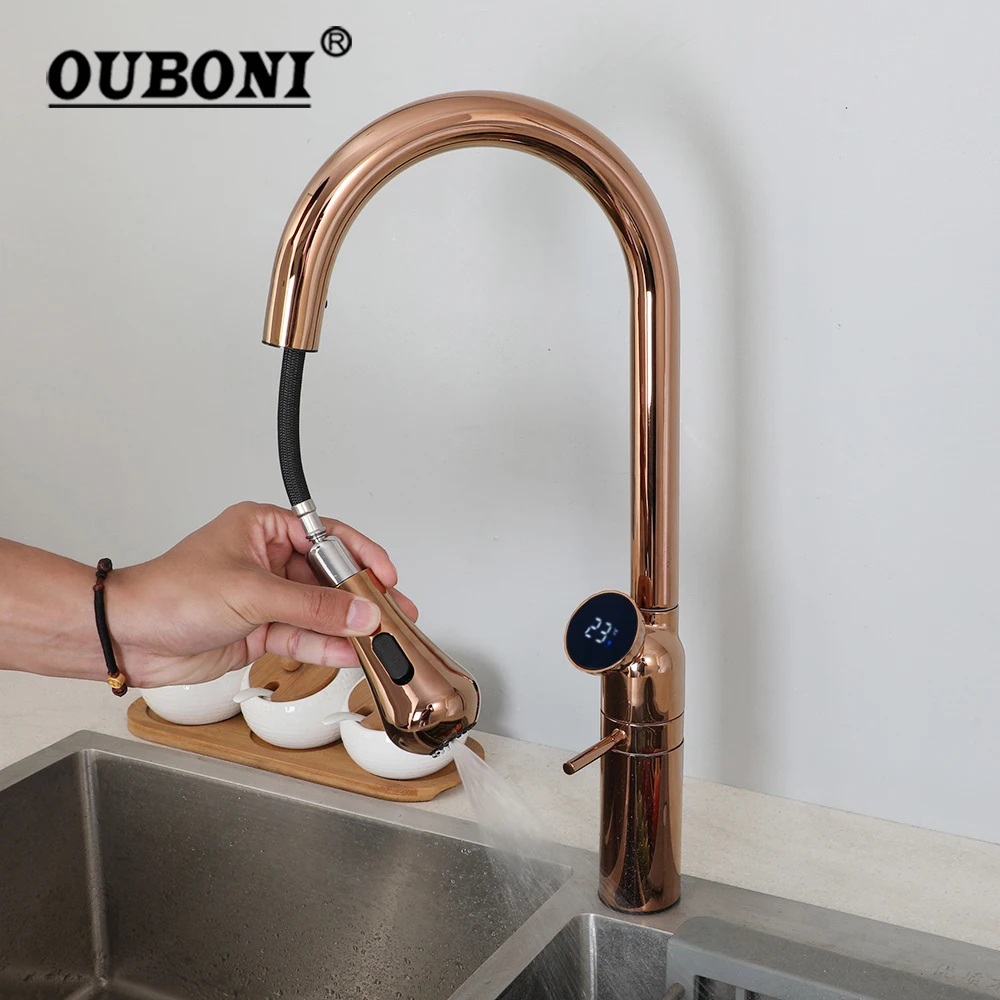 OUBONI High-end Brass Kitchen Sink Faucet 360 Swivel Pull Down Washbasin Faucets LED Temperature Display Hot Cold Mixer Taps
OUBONI High-end Brass Kitchen Sink Faucet 360 Swivel Pull Down Washbasin Faucets LED Temperature Display Hot Cold Mixer Taps
