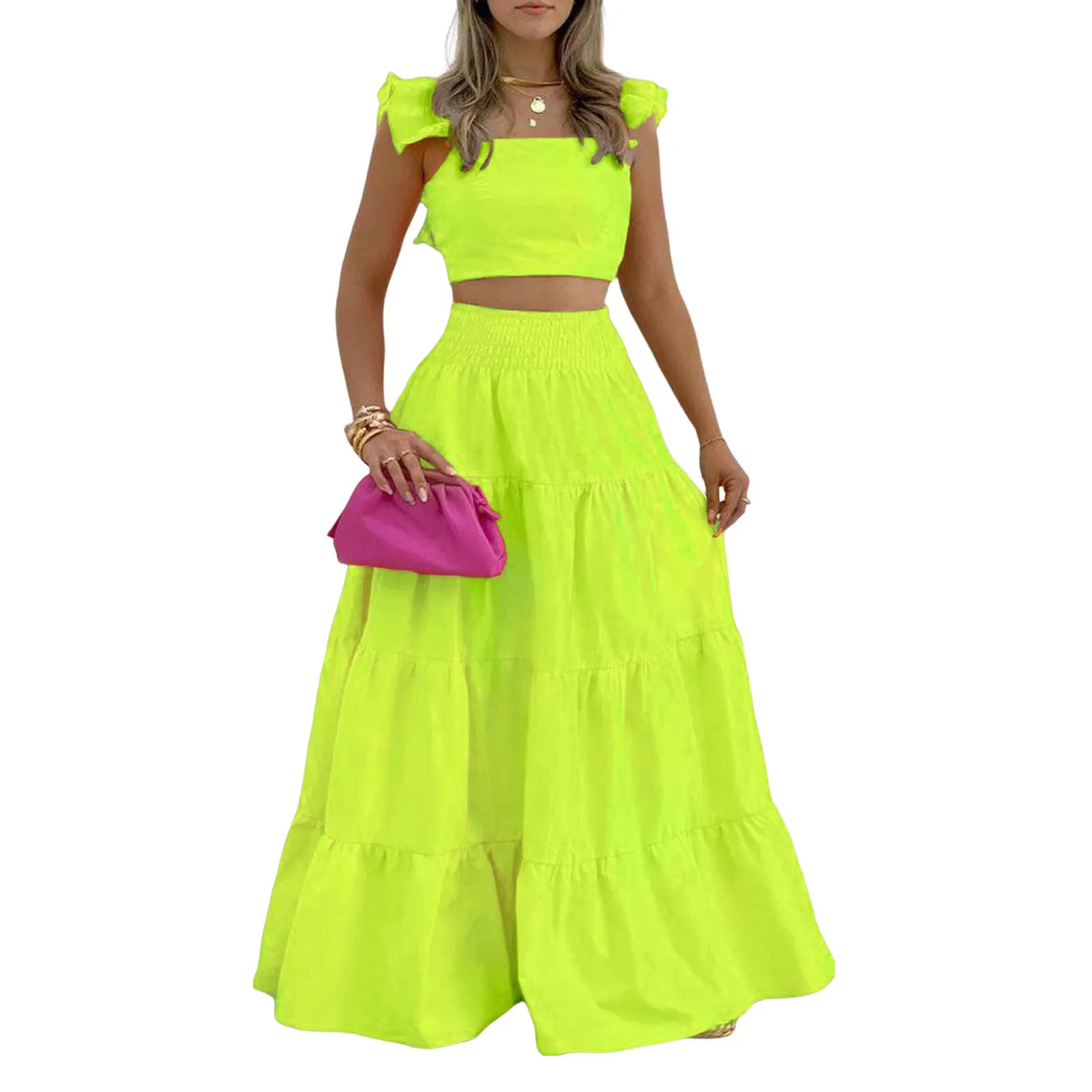 Women Two Piece Skirt Set Summer Long Skirt with Square-neck Tiered Top for Summer Beach Holiday
Women Two Piece Skirt Set Summer Long Skirt with Square-neck Tiered Top for Summer Beach Holiday