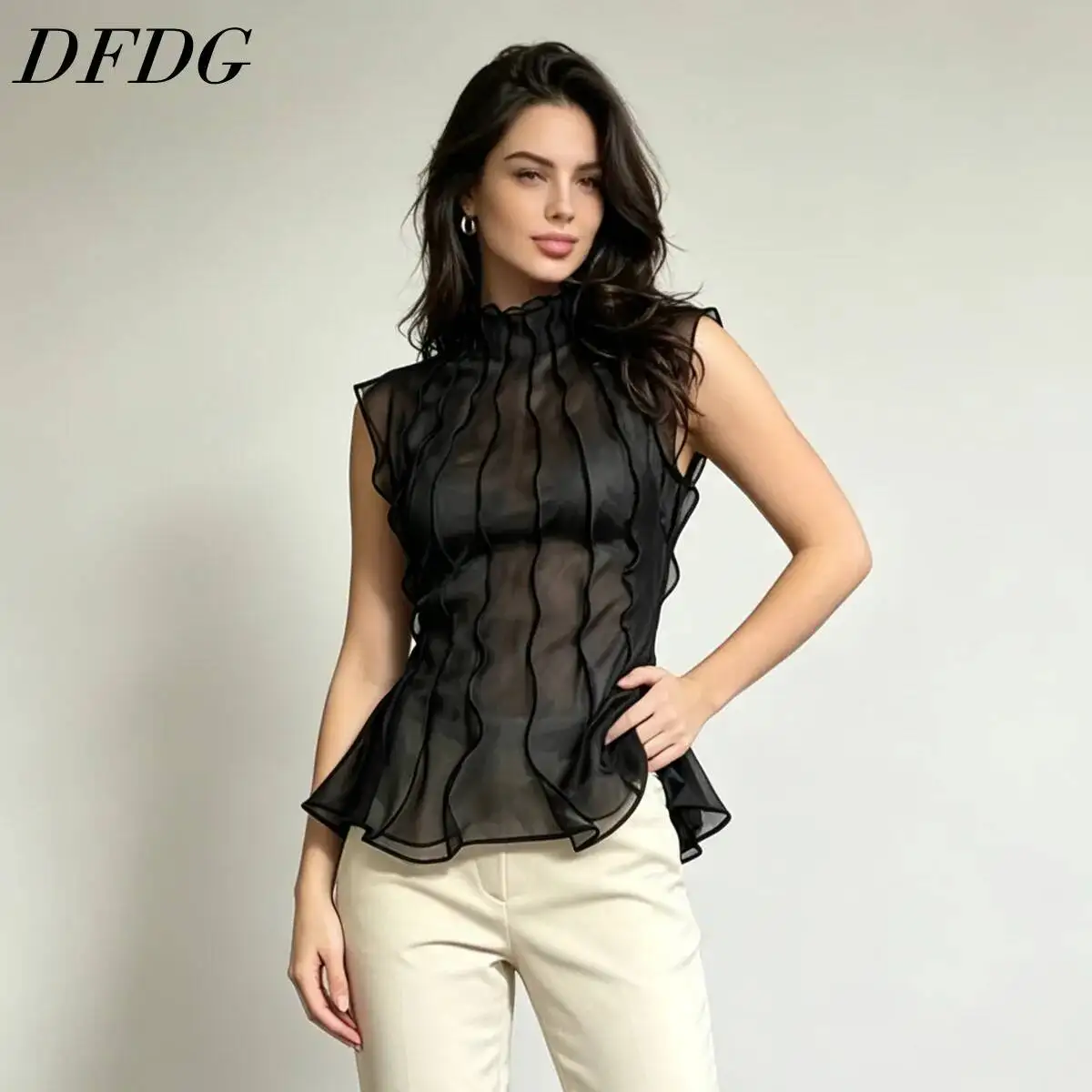 DFDG Women 2026 Spring Summer Sheer Mesh Sleeveless Blouse Ruffle Trim Mock Neck Vertical Wavy Stripe Peplum Hem Slim Tops
DFDG Women 2026 Spring Summer Sheer Mesh Sleeveless Blouse Ruffle Trim Mock Neck Vertical Wavy Stripe Peplum Hem Slim Tops