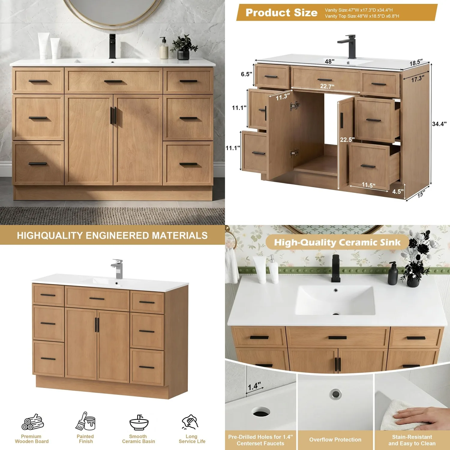 48in Freestanding Bathroom Vanity Cabinet with Ceramic Sink 6 Drawers 2 Doors Modern Farmhouse Floor Storage, Customized
48in Freestanding Bathroom Vanity Cabinet with Ceramic Sink 6 Drawers 2 Doors Modern Farmhouse Floor Storage, Customized