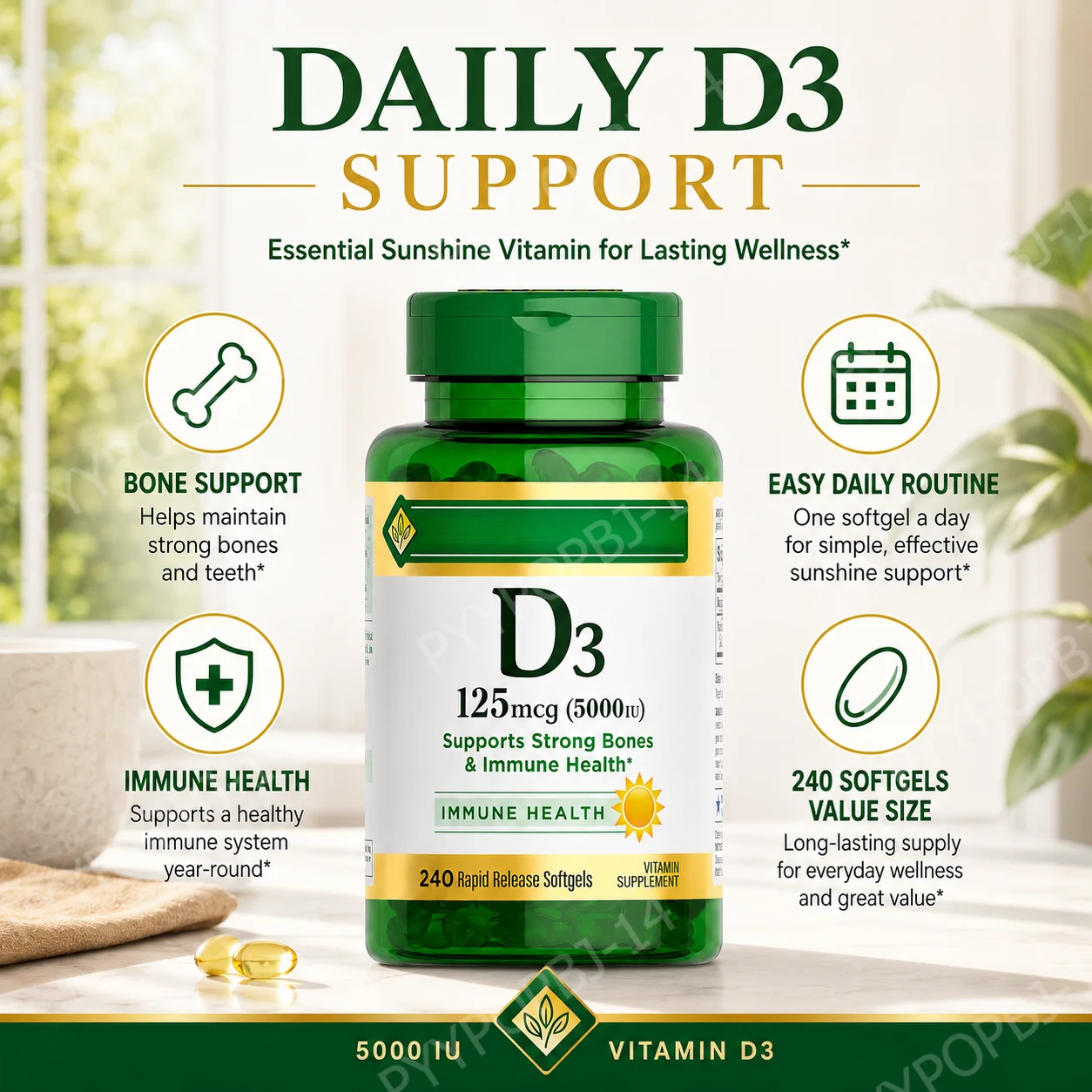 Vitamin D3 Softgels 5000 IU, Cholecalciferol Daily Supplement, 240 Count, Easy Softgel for Men & Women Daily Wellness
Vitamin D3 Softgels 5000 IU, Cholecalciferol Daily Supplement, 240 Count, Easy Softgel for Men & Women Daily Wellness