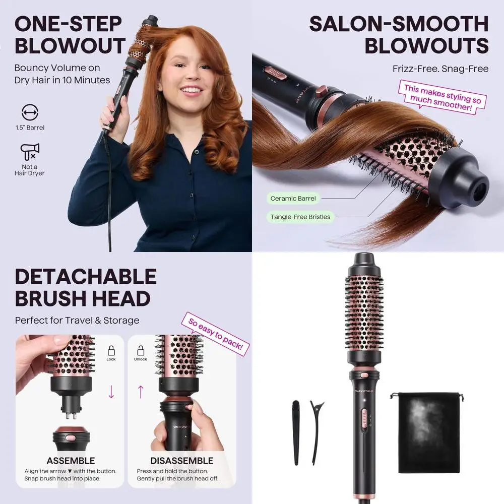 1.5 Detachable Heated Round Brush, Velvet Pouch, Dual Voltage, Easy Blowout Look, Rose Gold 2. 1.5 Round Heated Brush with Detac
1.5 Detachable Heated Round Brush, Velvet Pouch, Dual Voltage, Easy Blowout Look, Rose Gold 2. 1.5 Round Heated Brush with Detac