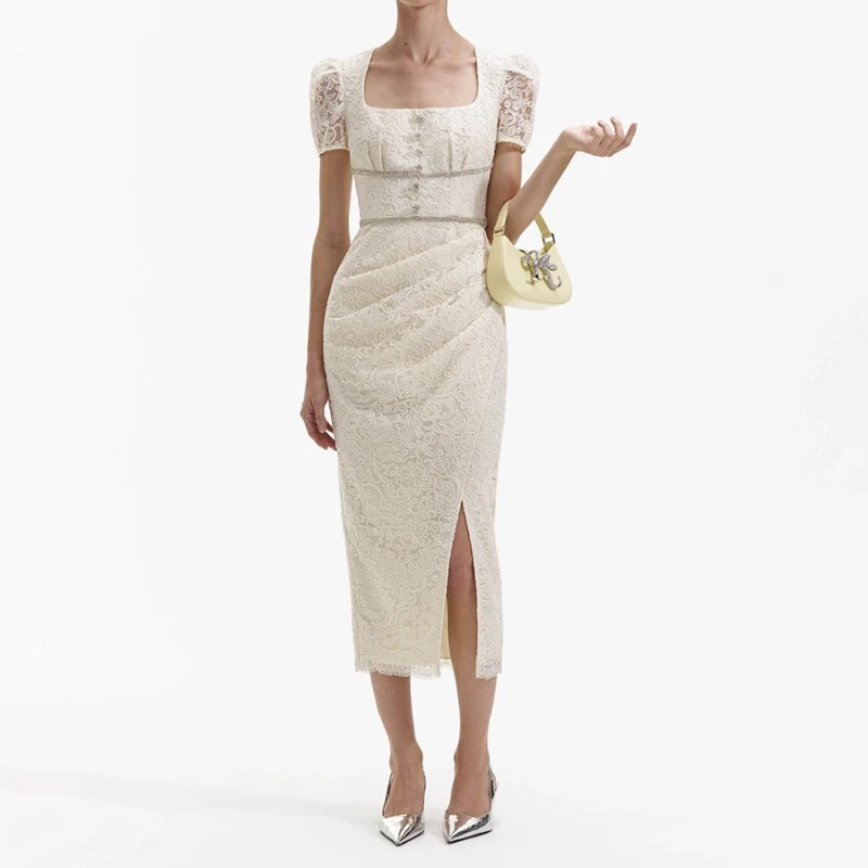 2024 Women High Quality Slim Square Collar Diamonds Short Puff Sleeve Side Slit Midi Lace Dress Vintage Office Lady
2024 Women High Quality Slim Square Collar Diamonds Short Puff Sleeve Side Slit Midi Lace Dress Vintage Office Lady