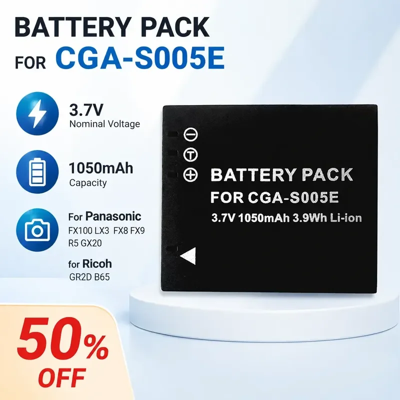 CGA-S005E 3.7V 1050mAh for Panasonic FX100 LX3 FX8 FX9 R5 GX20 for Ricoh GR2D B65 Camera Battery Pack Rechargeable Li-ion
CGA-S005E 3.7V 1050mAh for Panasonic FX100 LX3 FX8 FX9 R5 GX20 for Ricoh GR2D B65 Camera Battery Pack Rechargeable Li-ion