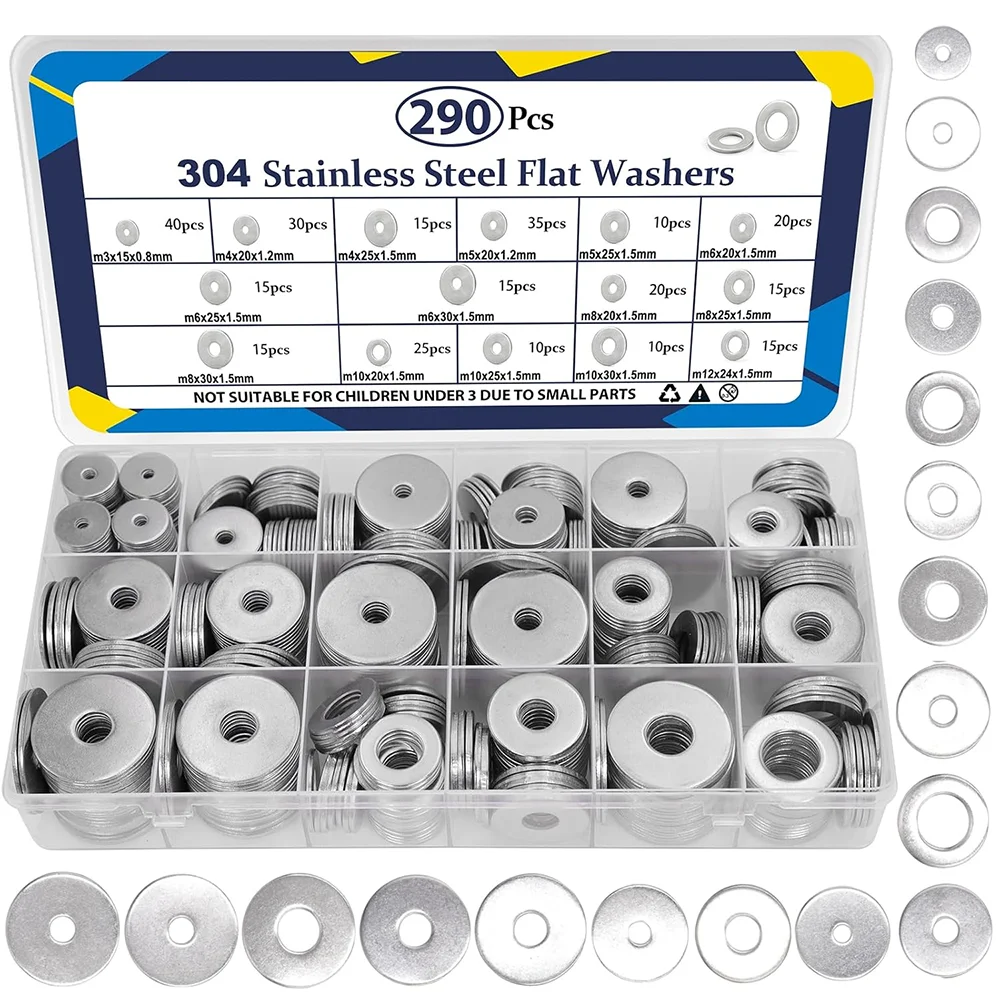 290Pcs 304 Stainless Steel Fender Washers Assortment Wide Washer Flat Washers M3 M4 M5 M6 M8 M10 M12 Assorted Flatwashers Kit
290Pcs 304 Stainless Steel Fender Washers Assortment Wide Washer Flat Washers M3 M4 M5 M6 M8 M10 M12 Assorted Flatwashers Kit