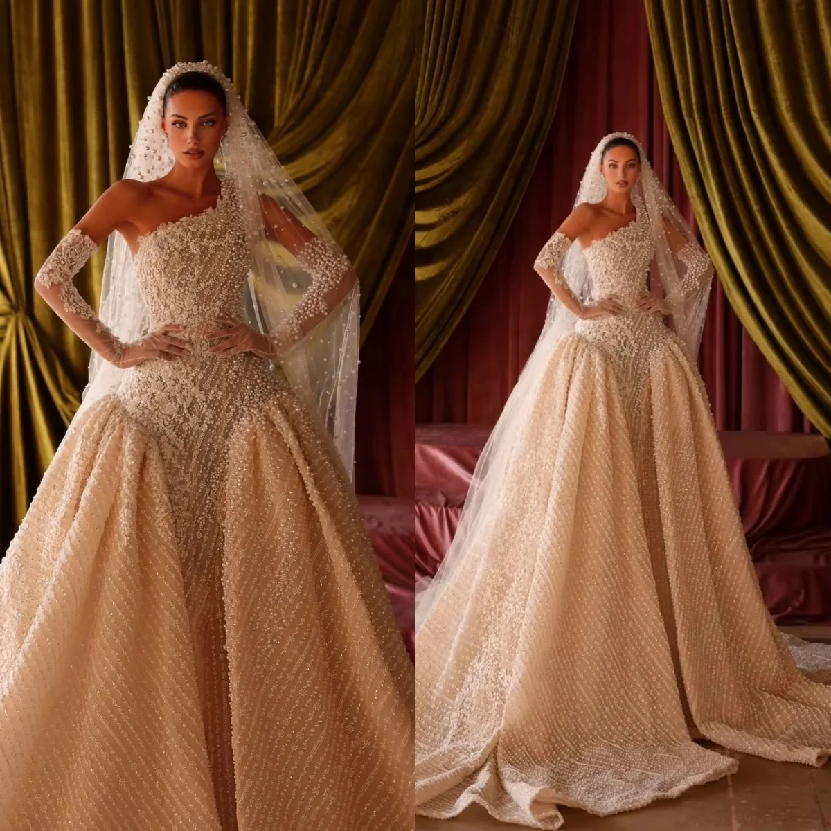 Fashion Wedding Dresses Sequins Pearls Mermaid Bridal Gowns One Shoulder Illusion Sleeveless Customized Vestidos De Novia
Fashion Wedding Dresses Sequins Pearls Mermaid Bridal Gowns One Shoulder Illusion Sleeveless Customized Vestidos De Novia