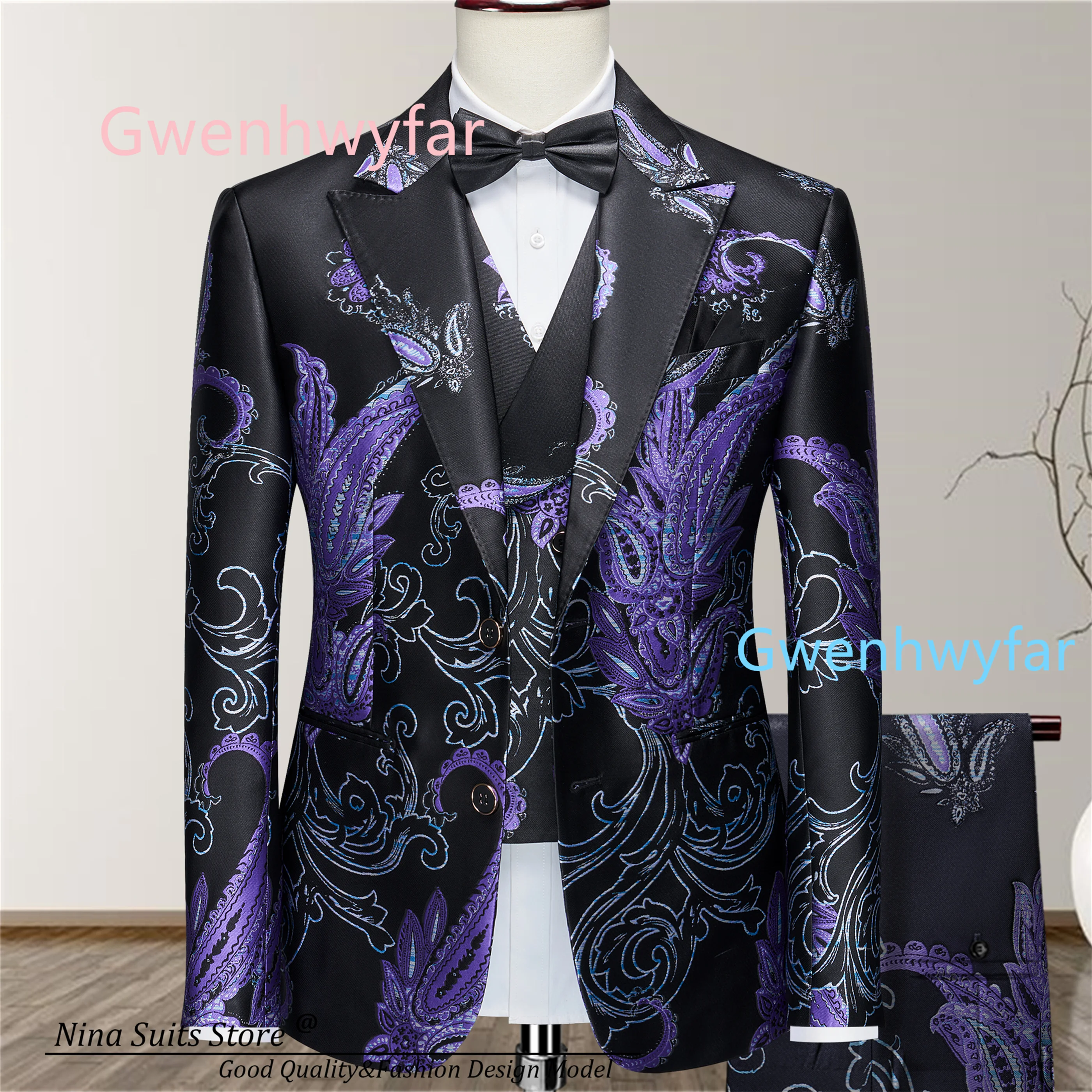 G&N Luxury Purple Loquat Flower Print Black Suit 3-piece set for Men's Fashion Jacket Pants Vest 2026 Wedding Party Men Suits
G&N Luxury Purple Loquat Flower Print Black Suit 3-piece set for Men's Fashion Jacket Pants Vest 2026 Wedding Party Men Suits