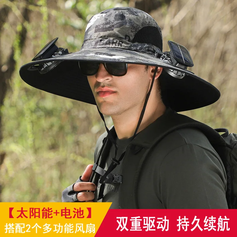 Outdoor Sun Hat with 2 Fan Large Brim Windproof Strap Solar or USB Charging Anti-UV Sun Protection Great Breathability Out 
Outdoor Sun Hat with 2 Fan Large Brim Windproof Strap Solar or USB Charging Anti-UV Sun Protection Great Breathability Out