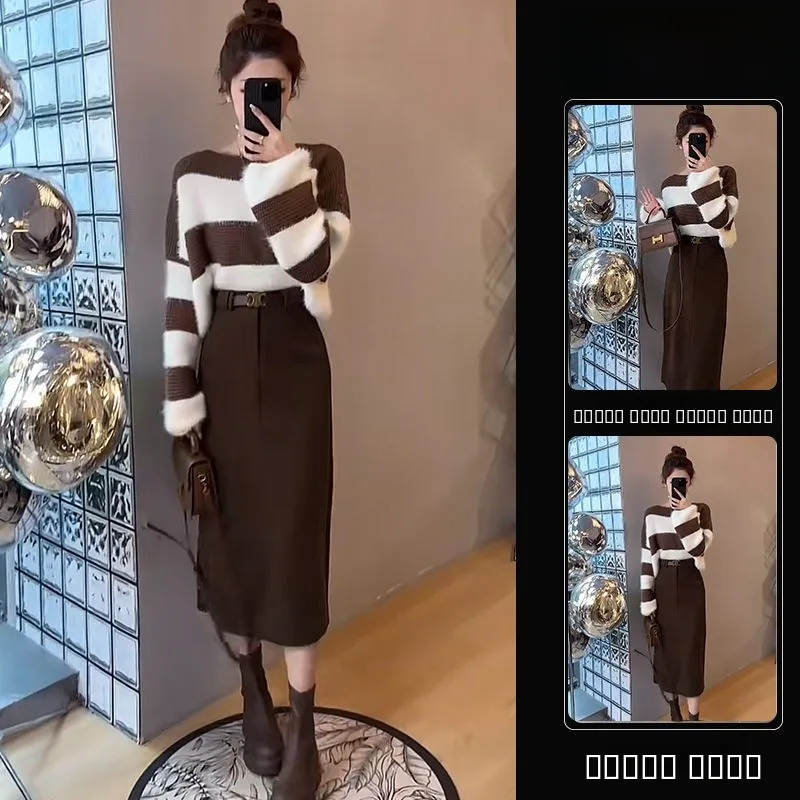 Комплект: Стройнящий свитер в полоску и юбка с высокой талией. Красивый, скрывающий недостатки фигуры, модный, из двух предметов. Осенняя коллекция.
Комплект: Стройнящий свитер в полоску и юбка с высокой талией. Красивый, скрывающий недостатки фигуры, модный, из двух предметов. Осенняя коллекция.