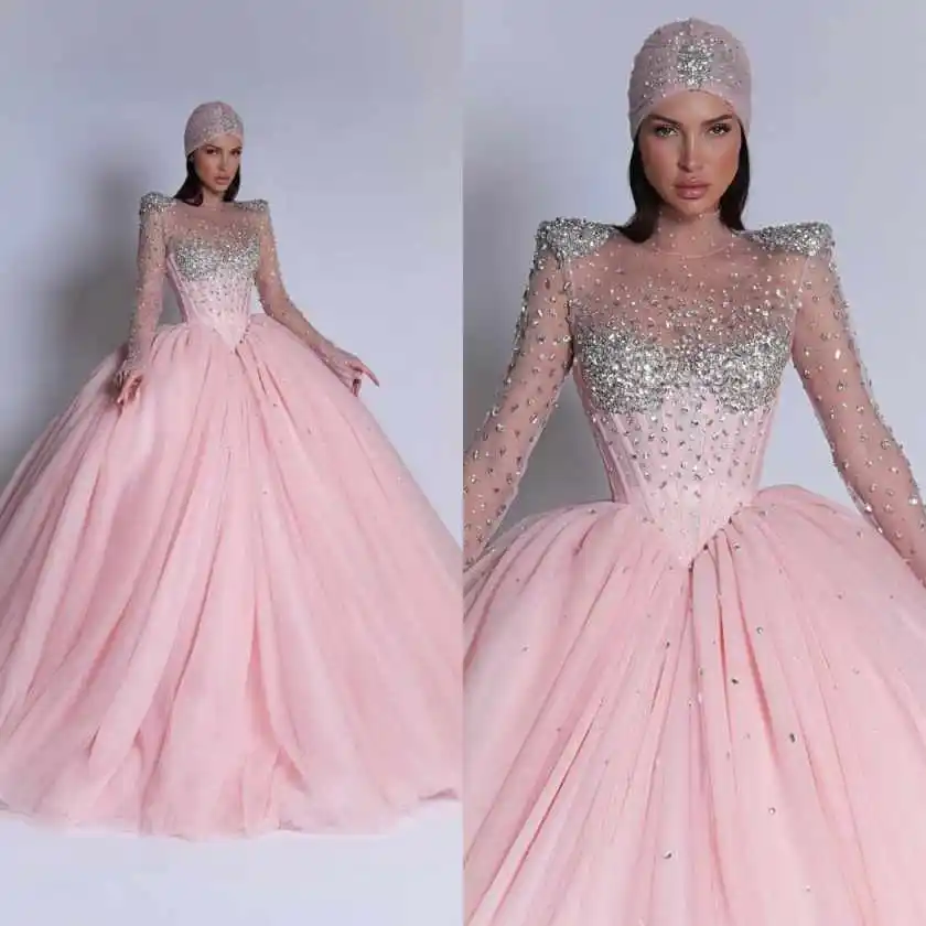 Gorgeous Rhinestone Pink High-Neck Ball Gown Bridal Dress Long Sleeves Formal Gala Wedding Party Gown Vestidos Mujer Customized
Gorgeous Rhinestone Pink High-Neck Ball Gown Bridal Dress Long Sleeves Formal Gala Wedding Party Gown Vestidos Mujer Customized
