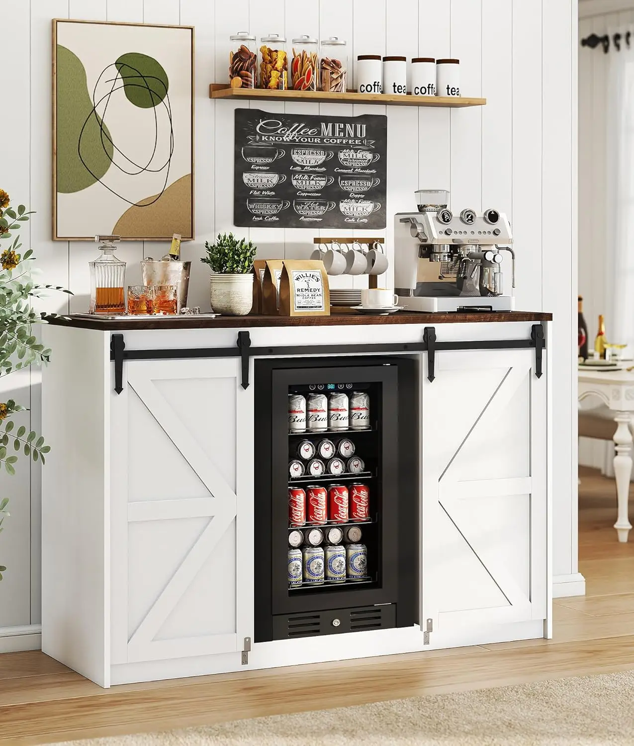 53" Farmhouse Coffee Bar with Fridge Space - Wine Bar Cabinet with Barn Doors, Mini Fridge Cabinet with Power, Customized
53" Farmhouse Coffee Bar with Fridge Space - Wine Bar Cabinet with Barn Doors, Mini Fridge Cabinet with Power, Customized
