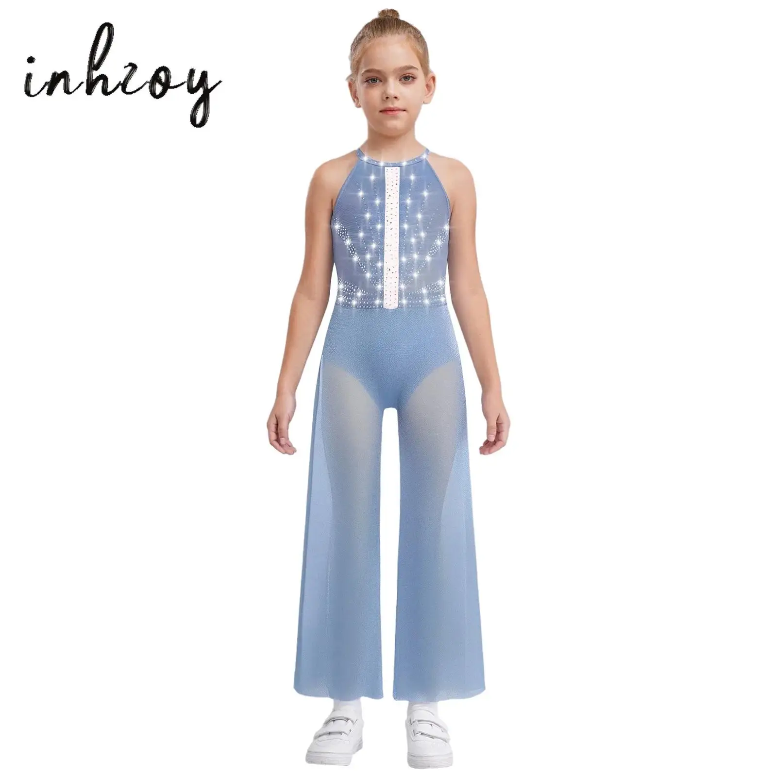 Kids Girls Jazz Dance Bodysuit Shimmery Rhinestone Sleeveless Keyhole Back Sides Split Wide-Leg Jumpsuit with Built-in Briefs
Kids Girls Jazz Dance Bodysuit Shimmery Rhinestone Sleeveless Keyhole Back Sides Split Wide-Leg Jumpsuit with Built-in Briefs