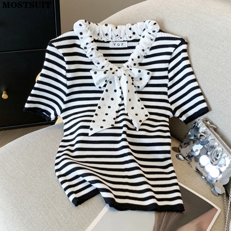 Stylish Bowtie Sweater Tops Women 2025 Summer Short Sleeve Slim Knit Tees Knitwear Elegant Korean Fashion Ladies Jumpers
Stylish Bowtie Sweater Tops Women 2025 Summer Short Sleeve Slim Knit Tees Knitwear Elegant Korean Fashion Ladies Jumpers