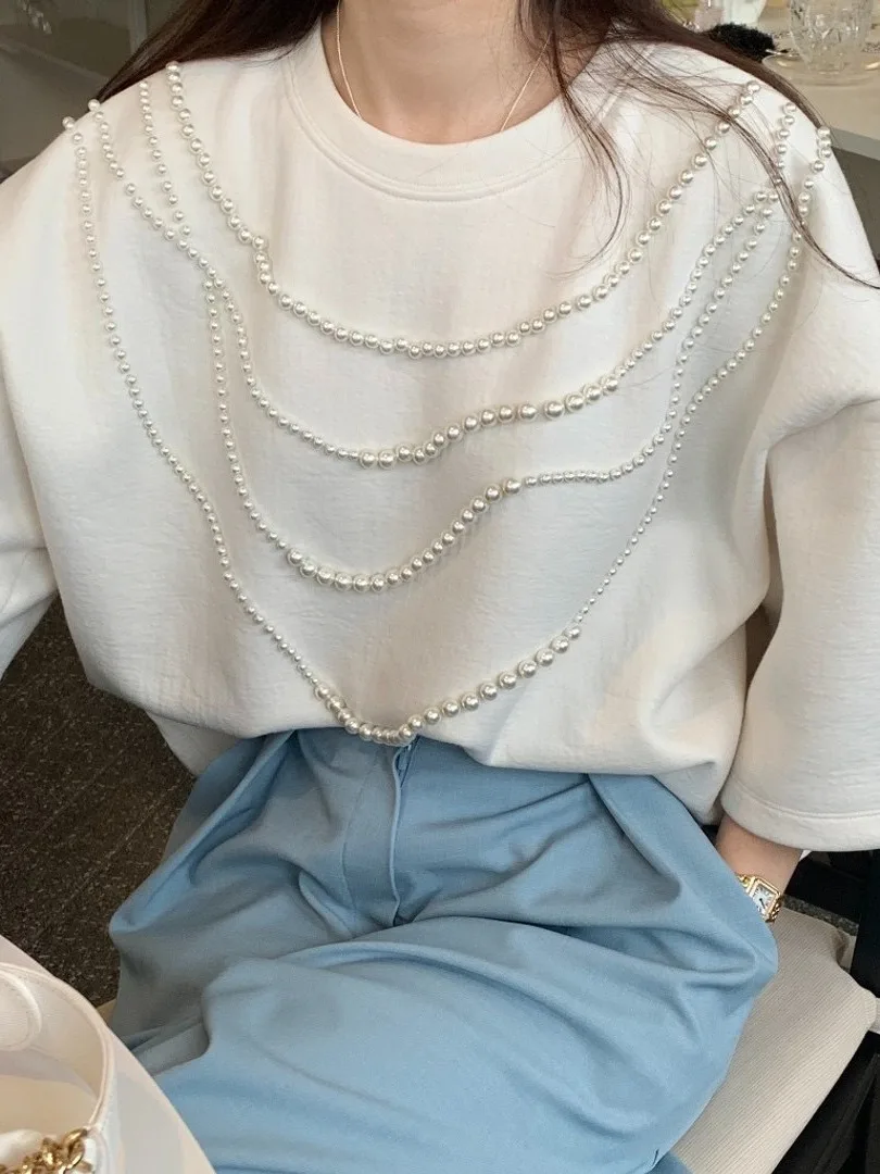 Elegant Beaded Short Sleeve round Neck T-Shirt Hoodie Women's Loose Fit Moisture Wicking Polyester Fiber Summer Regular Thick...
Elegant Beaded Short Sleeve round Neck T-Shirt Hoodie Women's Loose Fit Moisture Wicking Polyester Fiber Summer Regular Thick...