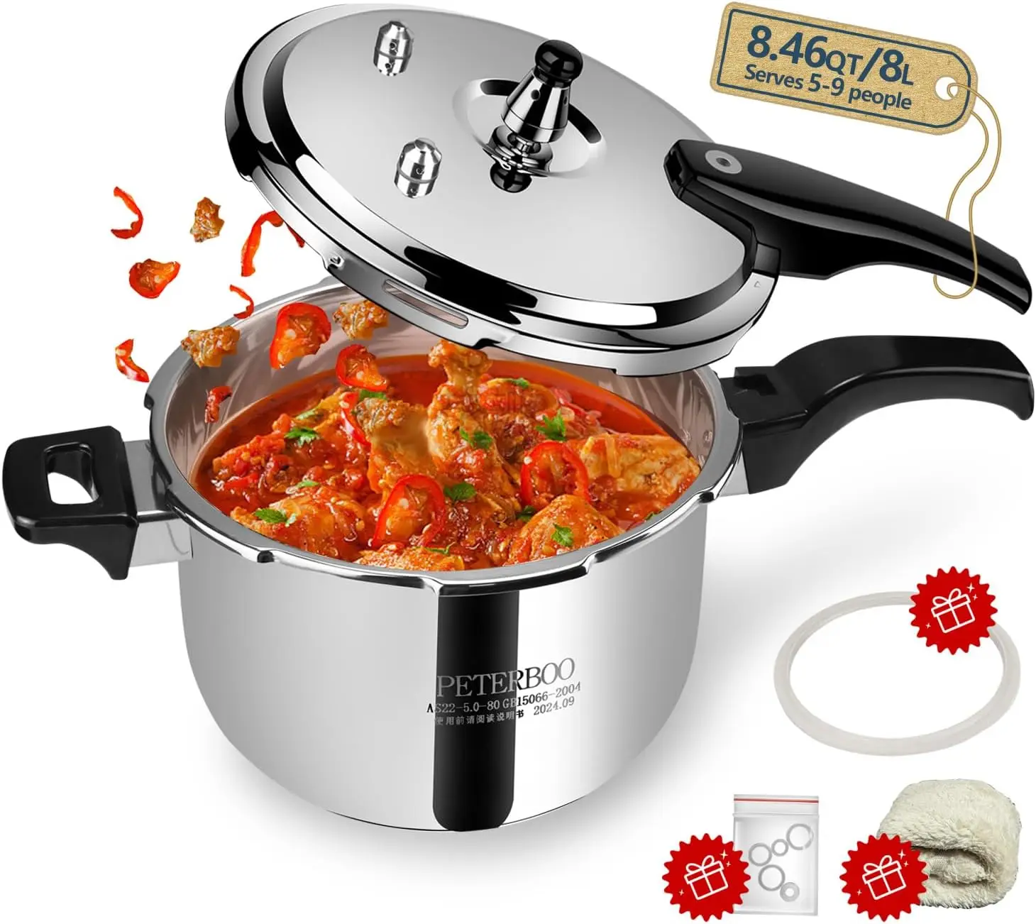 8.46 Quart Stainless Steel Pressure Cooker, Heavy Duty, Fast Cooking, Multi-Safety, Family Size
8.46 Quart Stainless Steel Pressure Cooker, Heavy Duty, Fast Cooking, Multi-Safety, Family Size
