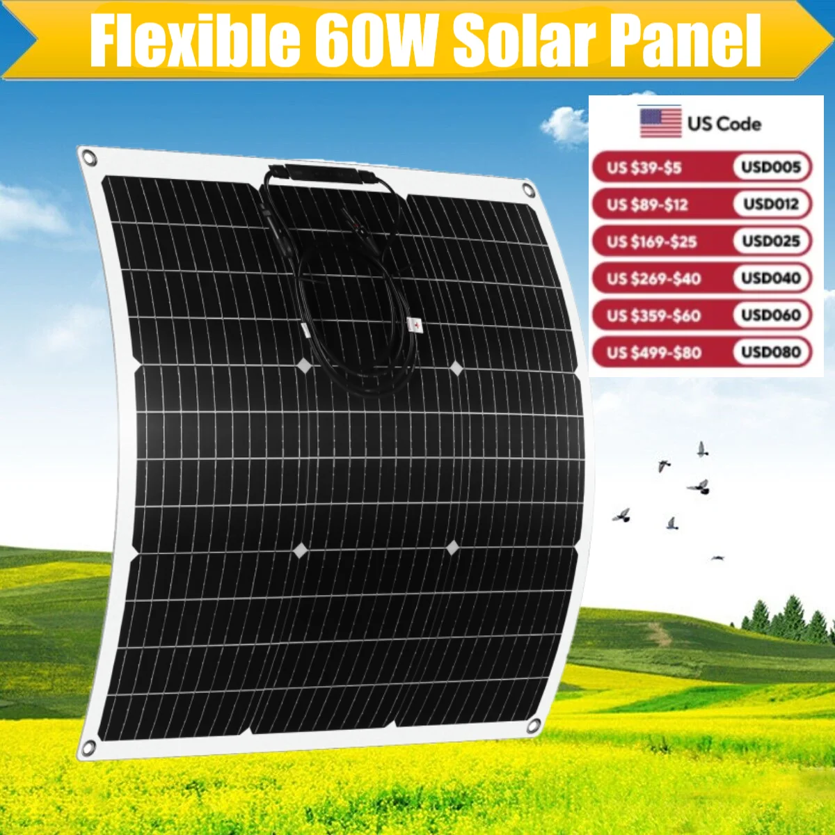 PowMr 18V 60W Flexible Solar Panels Portable Solar Battery Charge Waterproof 12V Solar Panel System Camping RV Home Power Supply
PowMr 18V 60W Flexible Solar Panels Portable Solar Battery Charge Waterproof 12V Solar Panel System Camping RV Home Power Supply