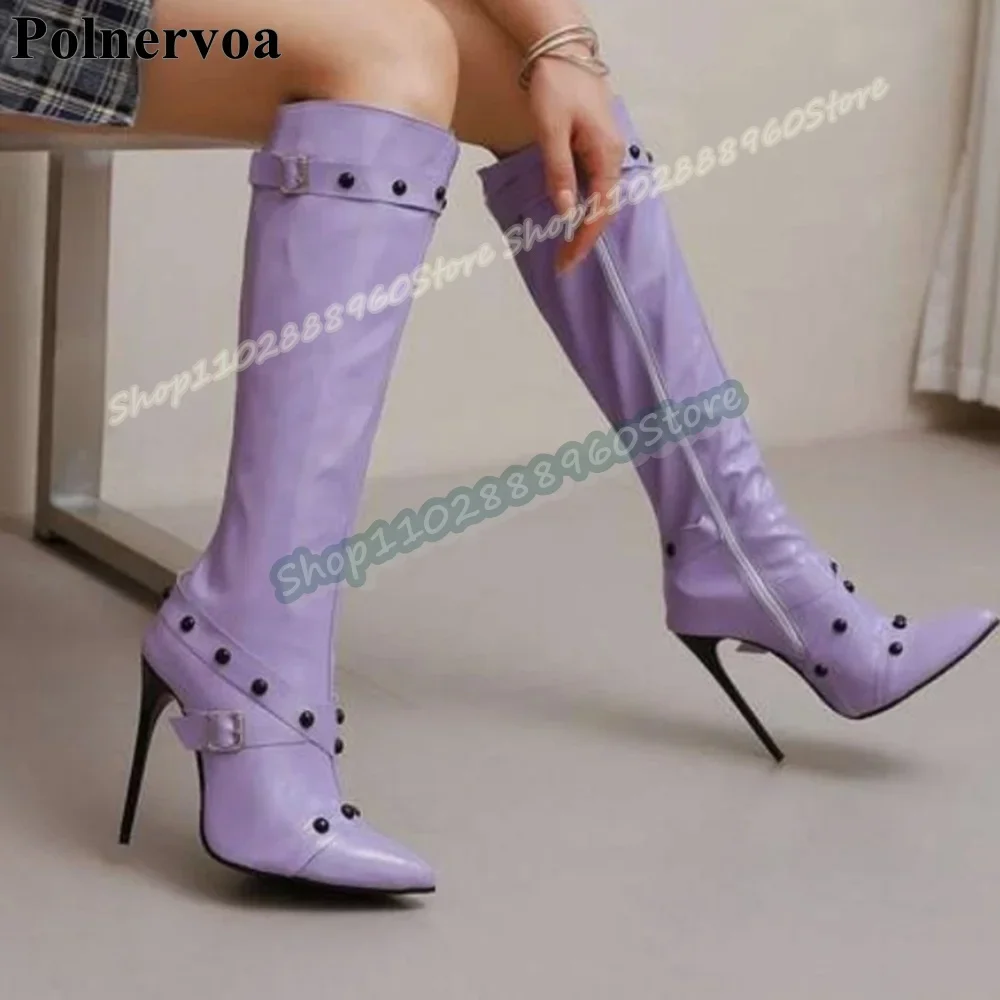 Knee High Purple Rivets Buckle Strap Knight Boots Thin High Heel Shoes For Women Side Zipper Pointed Toe Fashionable Party Boots
Knee High Purple Rivets Buckle Strap Knight Boots Thin High Heel Shoes For Women Side Zipper Pointed Toe Fashionable Party Boots