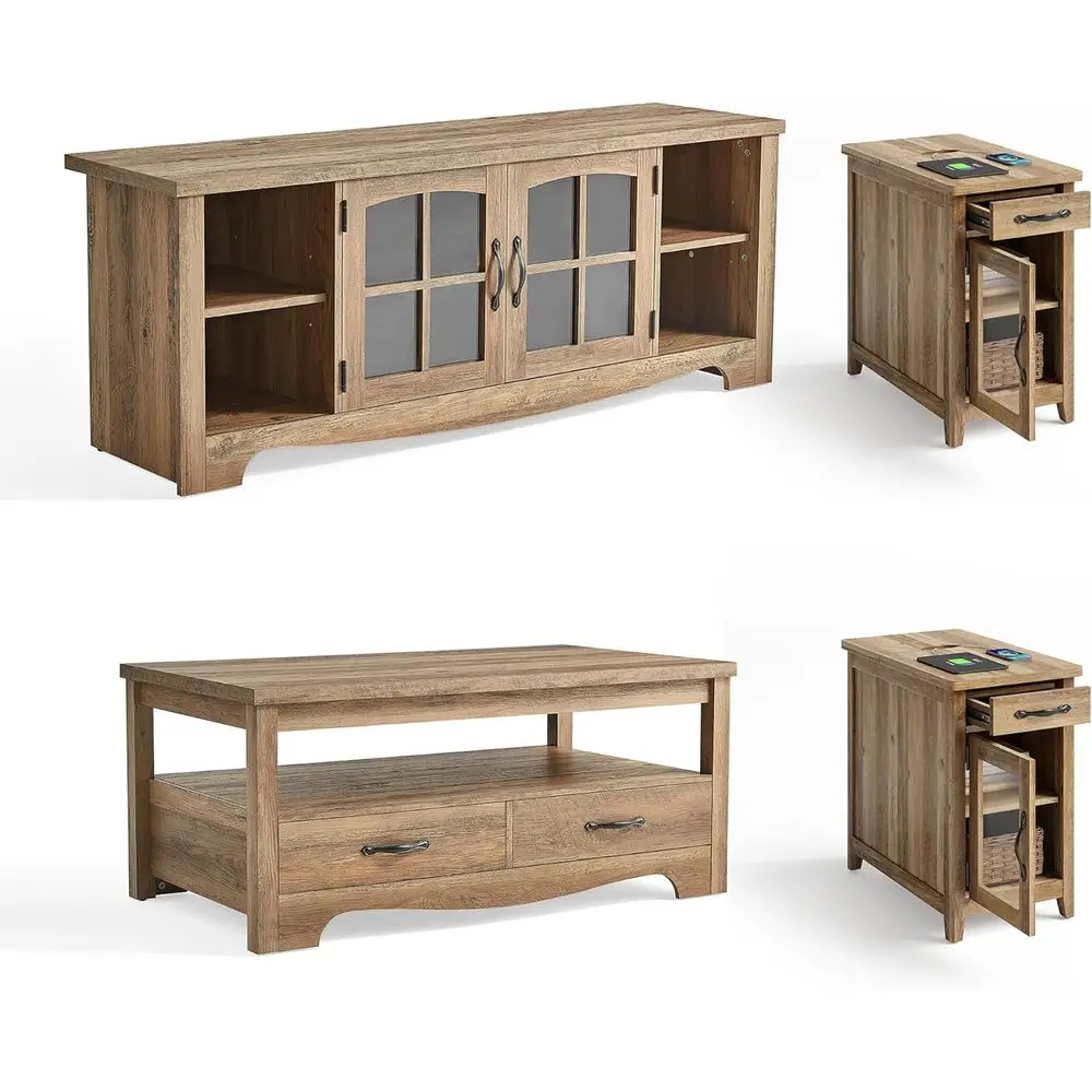 4-Piece Living Room Set with TV Stand, Coffee Table, and Charging End Tables, Brown
4-Piece Living Room Set with TV Stand, Coffee Table, and Charging End Tables, Brown