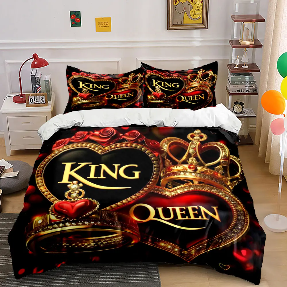 King Queen Crown Bedding Set 3pcs, Luxury Black Gold Heart Print Duvet Cover Set, Romantic Couple Bed Linen for Bedroom Decor
King Queen Crown Bedding Set 3pcs, Luxury Black Gold Heart Print Duvet Cover Set, Romantic Couple Bed Linen for Bedroom Decor